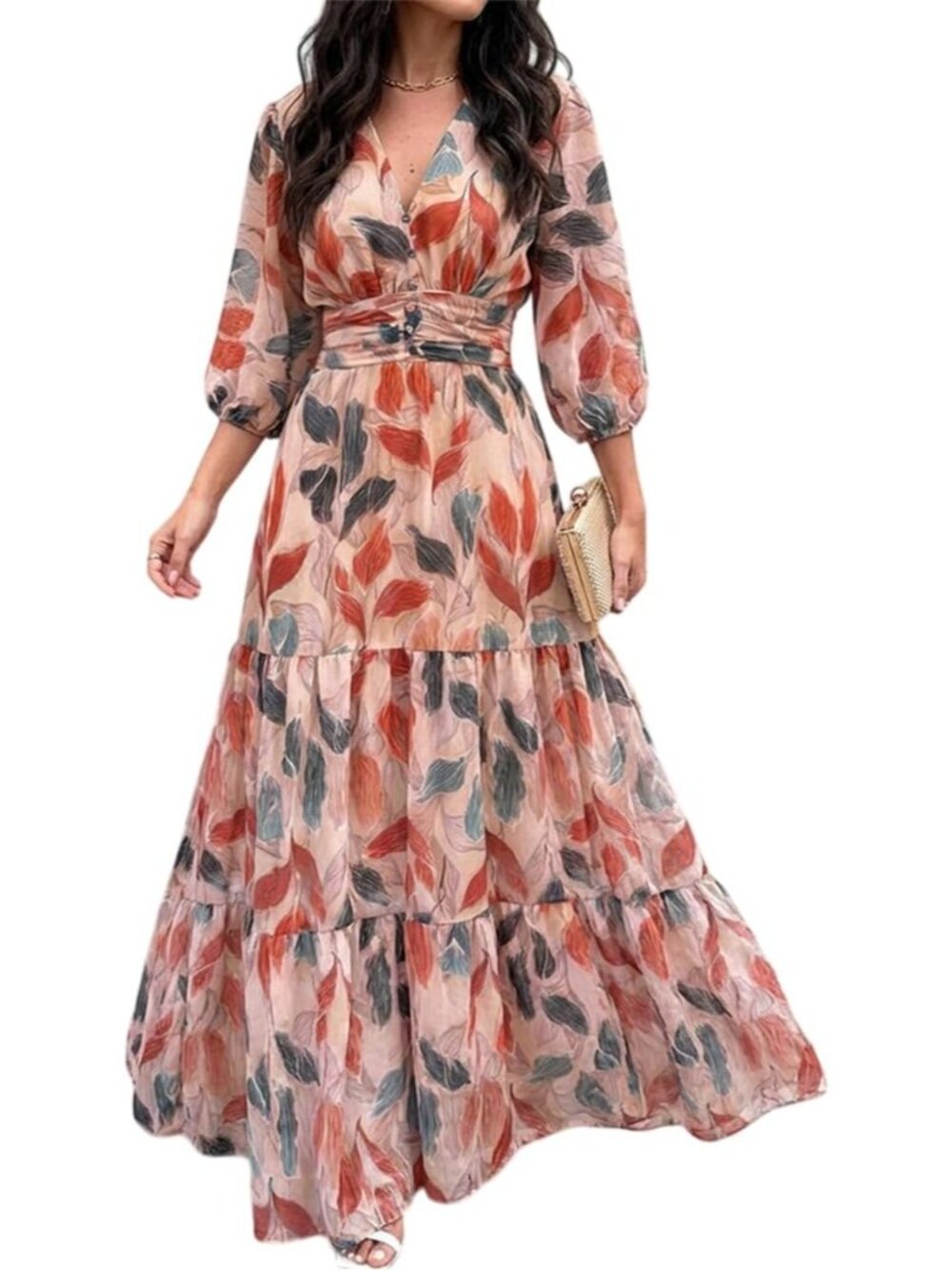 〽️Women’s Multicolor Boho Leaf Print Maxi Dress V Neck Puff Sleeve Ruffle